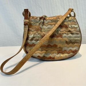 Sharif Vintage 70-80s Golden Metallic Snakeskin Patchwork Shoulder Bag w Studs